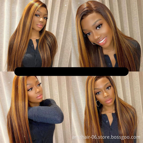 Wholesale Highlight 1B Honey Brown Color Straight Human Hair HD Lace Frontal Closure Wig Virgin Brazilian Hair Highlight Wig